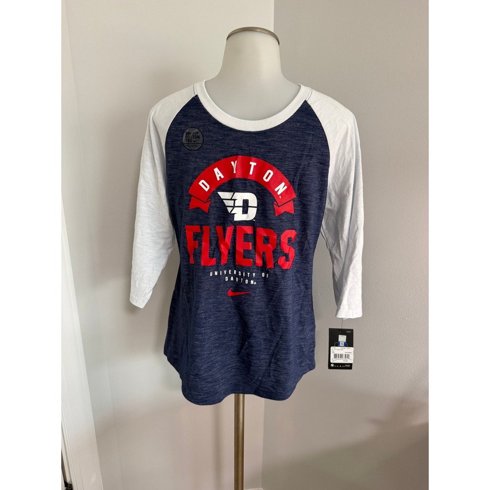 NWT Nike University of Dayton Flyers Dri-FIT Slub Raglan Tee Navy White  Small